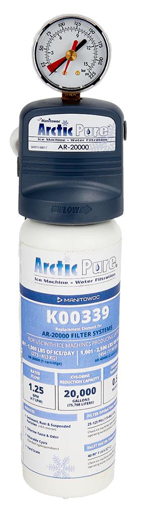 A white Manitowoc AR-20000 Replacement Water Filter Cartridge features a blue and white label with specifications, a pressure gauge on top displaying psi in red and black, and a gray plastic cap with an arrow indicating flow direction.