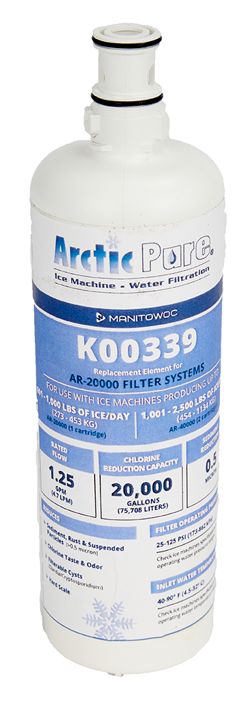 A white and blue replacement water filter cartridge labeled Arctic Pure by Manitowoc. The label displays model number AR-20000 (K00339), designed for ice machines, detailing its flow rate, 20,000-gallon capacity, and chlorine reduction.