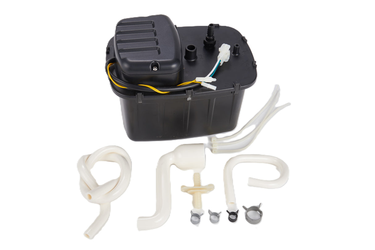 A Manitowoc UCP0050A drain pump with a black ribbed-lid tank, attached wires, and connectors sits behind white and off-white hoses, tubes with bends, clamps, and fittings arranged on a white background.