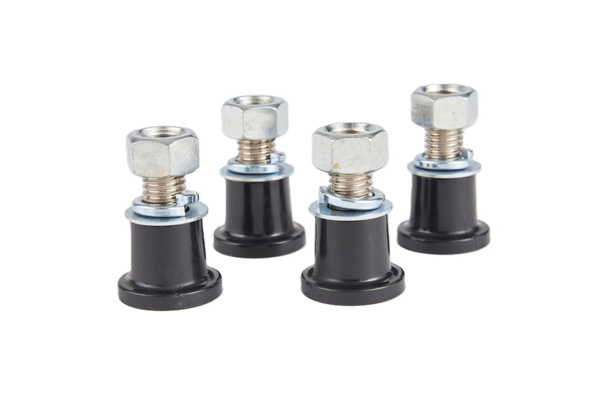 Four metal expansion bolts with black rubber sleeves, designed as non-adjustable feet for Manitowoc NEO models, are arranged on a white background. Each bolt features a hexagonal nut, washer, and threaded section with an upright rubber base.
