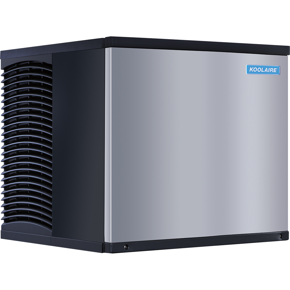 A modern, rectangular Ice Kube Machine with a sleek stainless steel front, black sides, and a left vented panel. It produces dice size cubes and features the blue KOOLAIRE logo on the top right front panel.