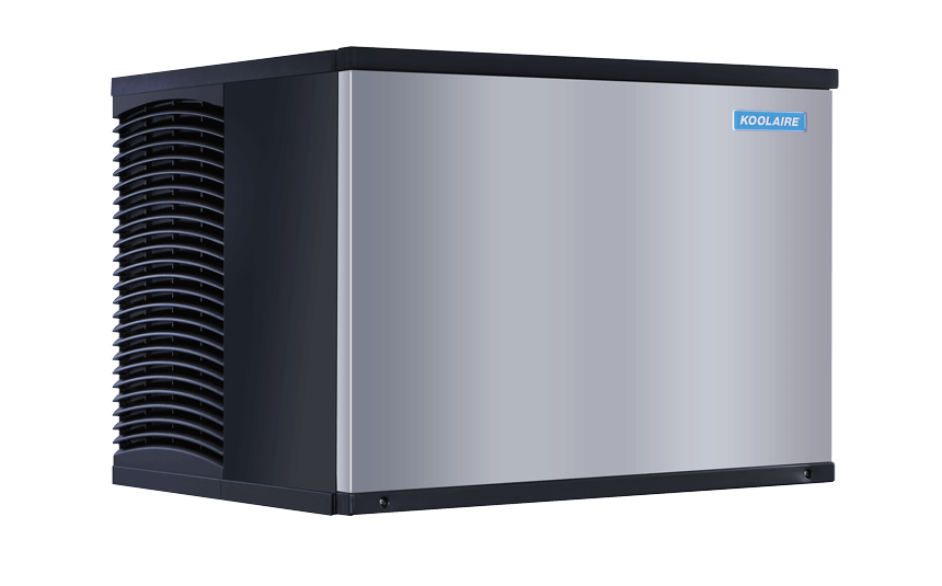 A stainless steel Ice Kube Machine with black side vents and a small blue KOOLAIRE label on the front, set against a plain white background. This air-cooled ice maker produces half-dice size cubes and features a sleek, rectangular design with clean lines.