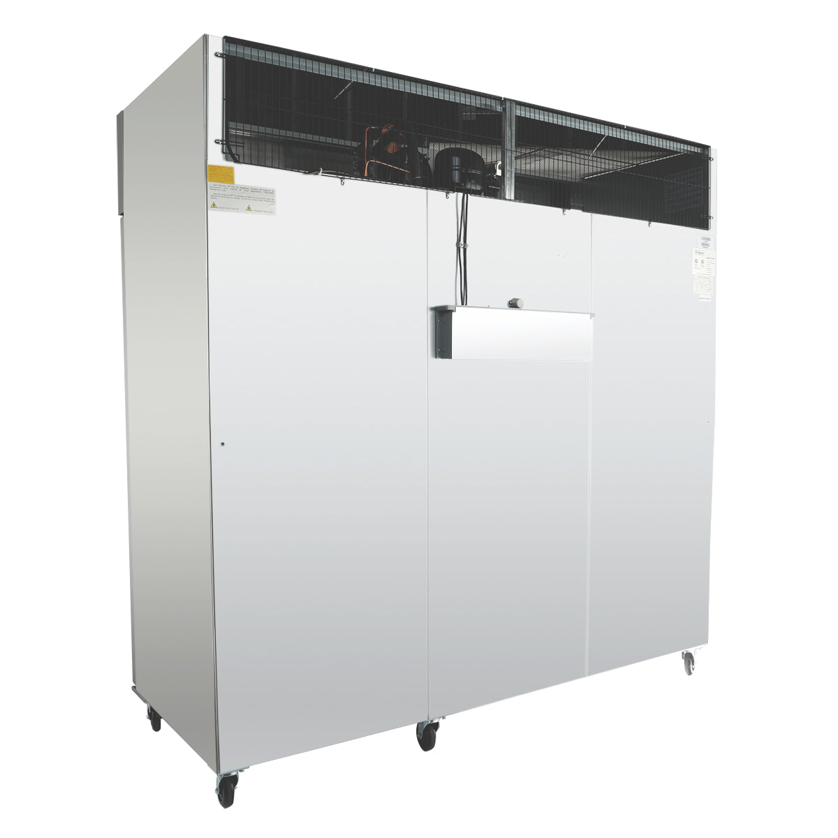 Large, white, rectangular Empura Refrigeration industrial cooling unit on four caster wheels with a grated upper section exposing internal components and a central panel on the front. The commercial freezer has warning labels and visible wiring at the top.