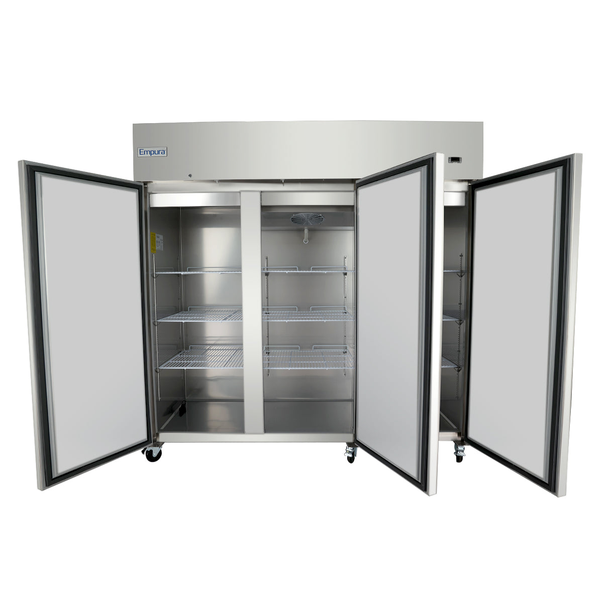 A large Empura Refrigeration commercial freezer stands on caster wheels, its double doors wide open to reveal multiple adjustable wire shelves inside. The reach-in freezer’s interior is empty and spotlessly clean.