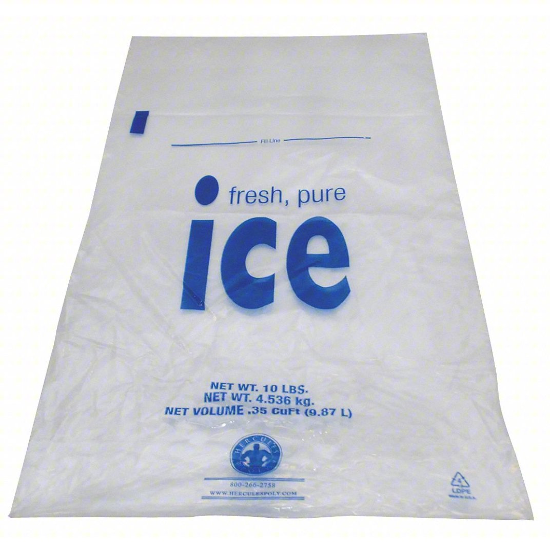 A clear plastic Ice Bag with blue text reading “fresh, pure ice.” Below, it states “NET WT. 10 LBS. (4.536 Kg.), NET VOLUME .35 CuFt (9.87 L).” There is a blue circular Scotsman logo and a website at the bottom. The bag is empty and laid flat.