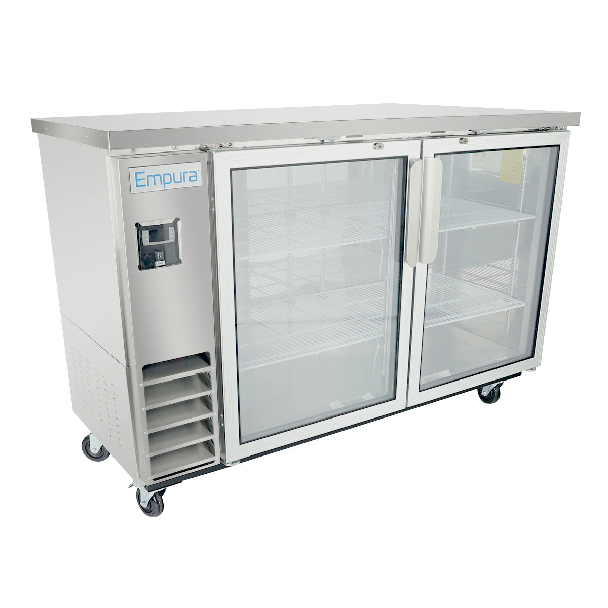 A commercial Empura glass door refrigerator with two glass doors, wire shelves, a visible cooling vent on the bottom left, sturdy handles, and caster wheels for mobility. The flat top adds workspace—ideal as a back bar cooler in busy settings.