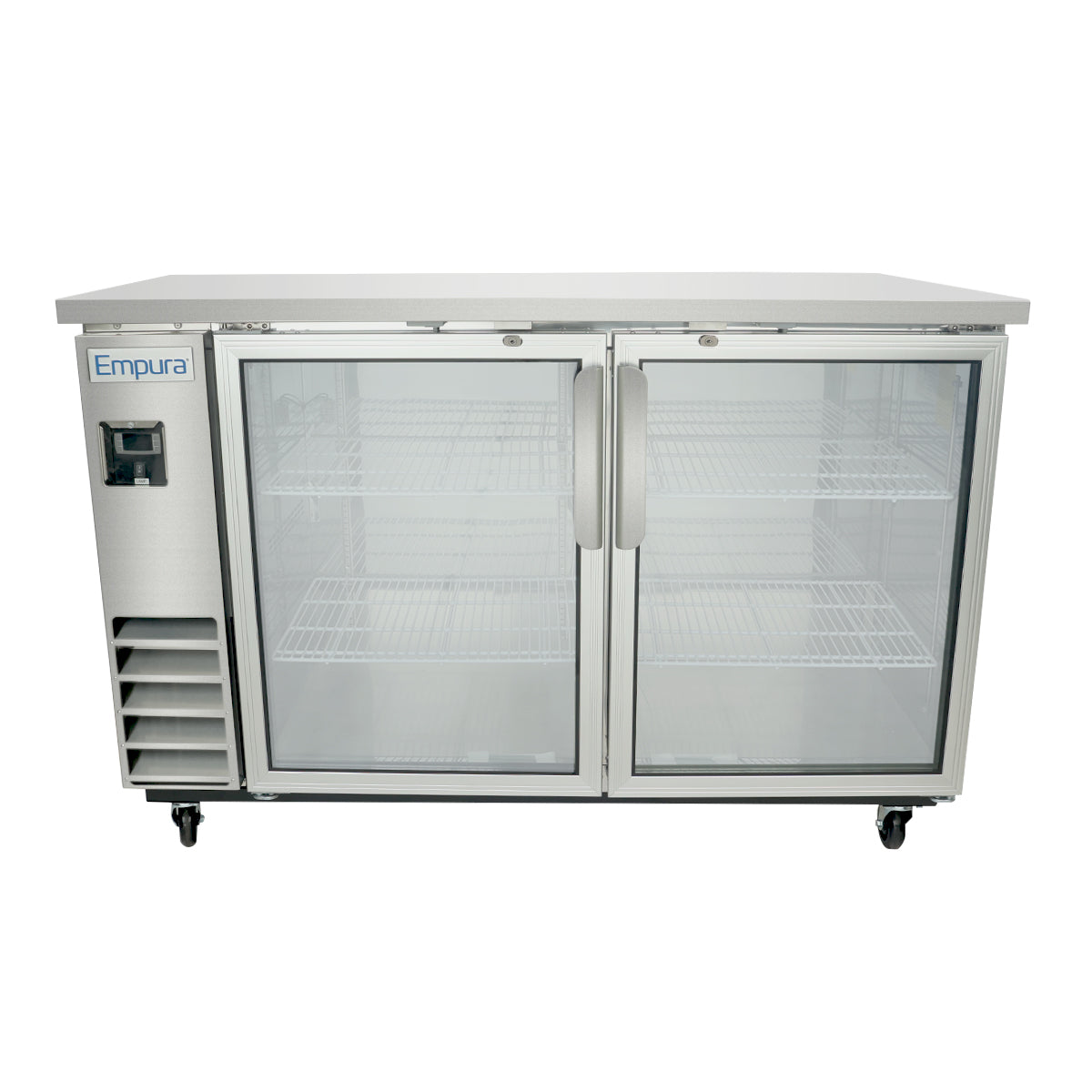 A commercial Empura glass door refrigerator with two metal-handled doors, wire shelves, and a left-side control panel. This Empura refrigeration unit stands on wheels and includes a ventilation grate—ideal as a back bar cooler.