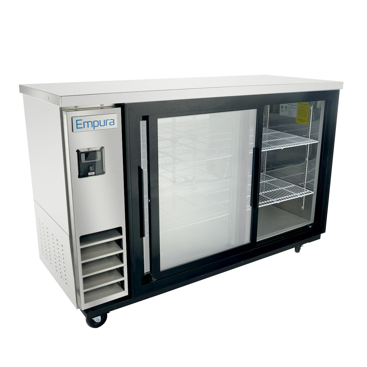 A commercial Empura back bar cooler with stainless steel exterior, sliding glass doors, interior wire shelves for storage, and side vents. This Empura refrigeration unit features wheels for easy mobility and a sleek, industrial rectangular design.