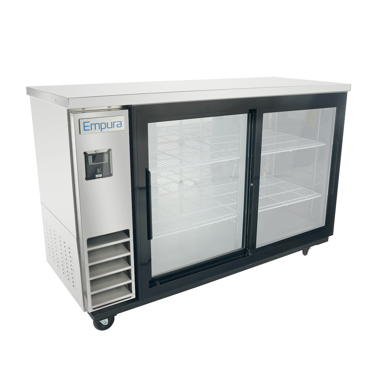 The Empura Refrigeration back bar cooler features two sliding glass doors, a sturdy metal exterior, left-side vents, wheels for mobility, and durable interior metal shelves. The Empura brand is clearly visible on the top left corner.