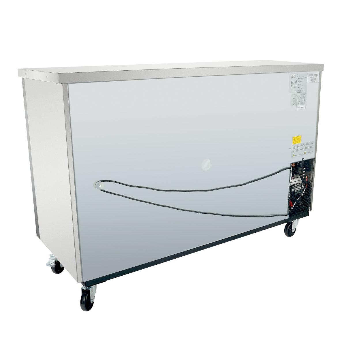 A large, rectangular Empura Refrigeration commercial freezer with a silver metal exterior, four caster wheels, and a black electrical cord. The right side features a vent and control panel; the rest of the surface is smooth and reflective.
