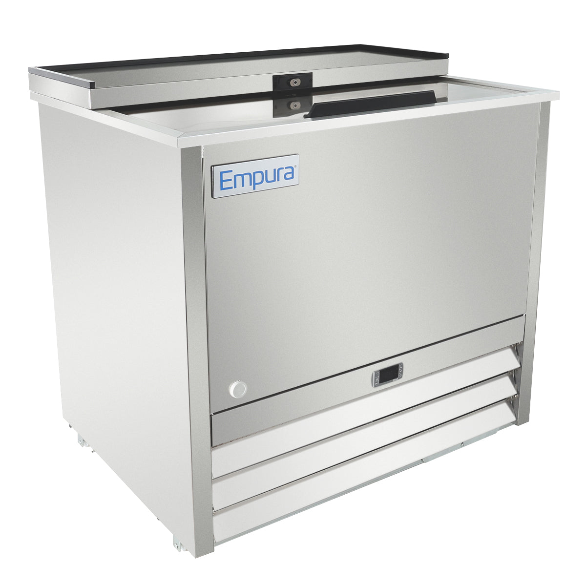 A stainless steel Empura commercial bottle cooler with a sliding, recessed lid, front-facing vent panel, and blue Empura logo on the top left front. This commercial freezer features a modern, rectangular design and is set against a plain white background.