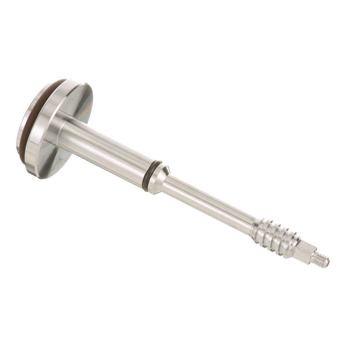 A metallic Valve Piston with a wide circular head, a narrower cylindrical shaft, and a segmented, threaded end. Precision-machined surfaces and a single black ring near the center mark this Cleveland KE52752-1 component.