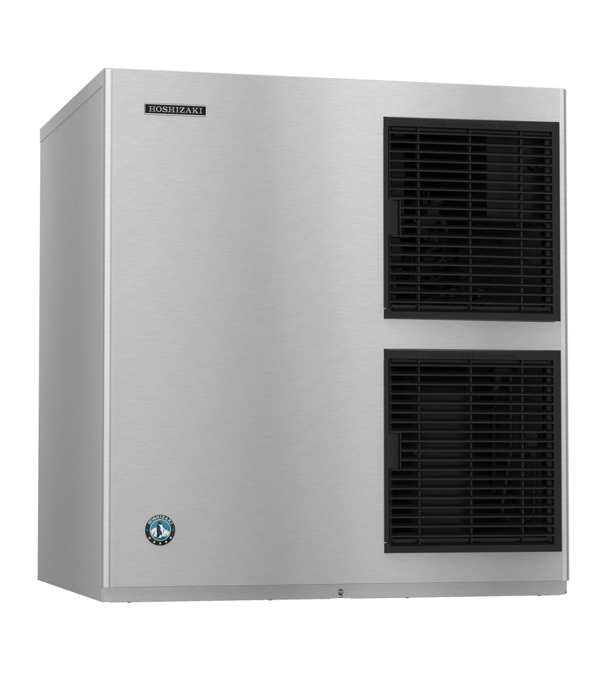 A stainless steel Hoshizaki ice maker with a sleek, rectangular design. It features two black ventilation grilles on the right side—one above the other—and produces crescent cube ice. The front is smooth and minimalist, with a logo in the top left corner.