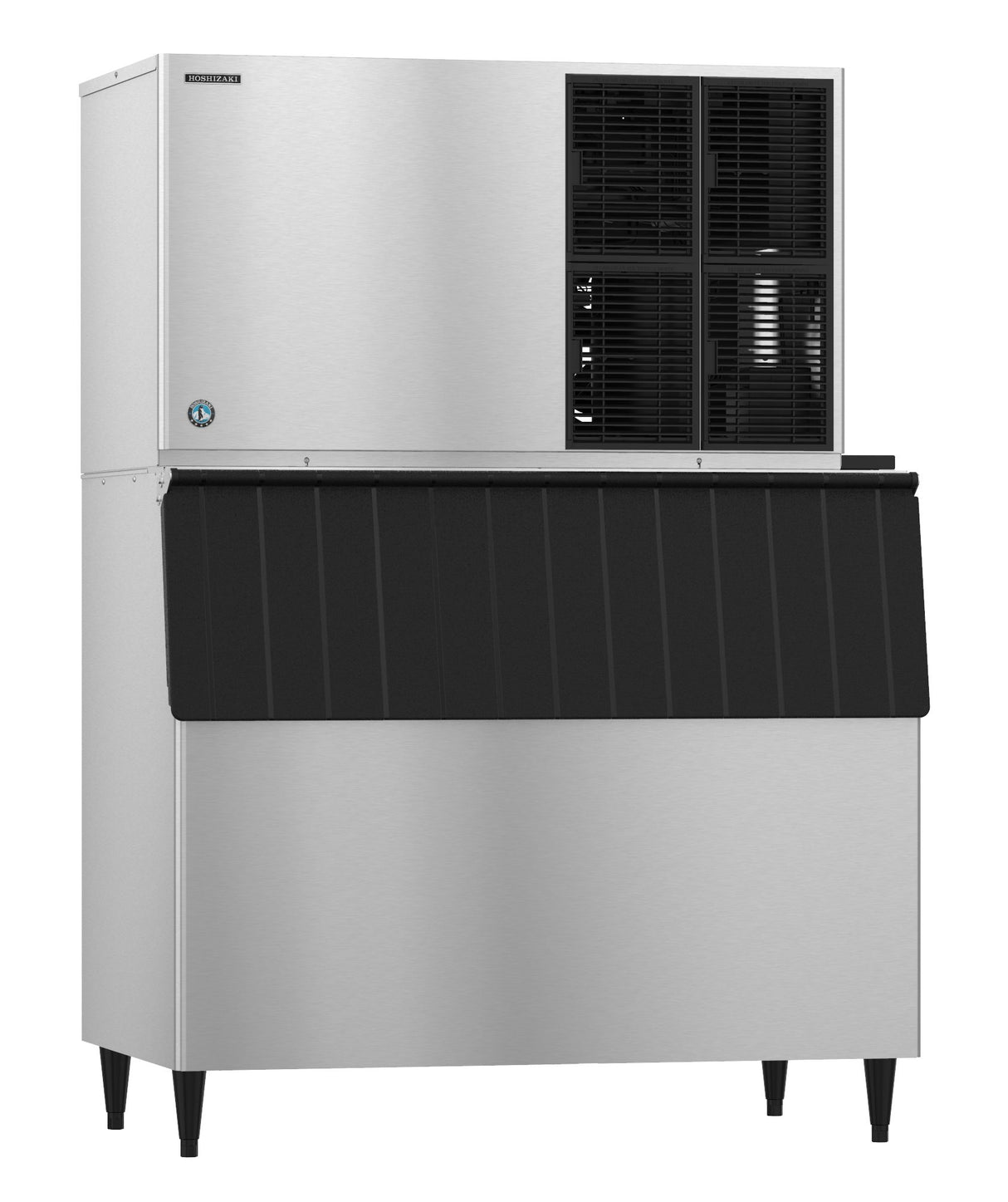 A large commercial air-cooled ice maker with a stainless steel body, black vented panel on the upper right, and an angled black ice bin below. It stands on four black legs and produces crescent cube ice with a sleek, industrial design.