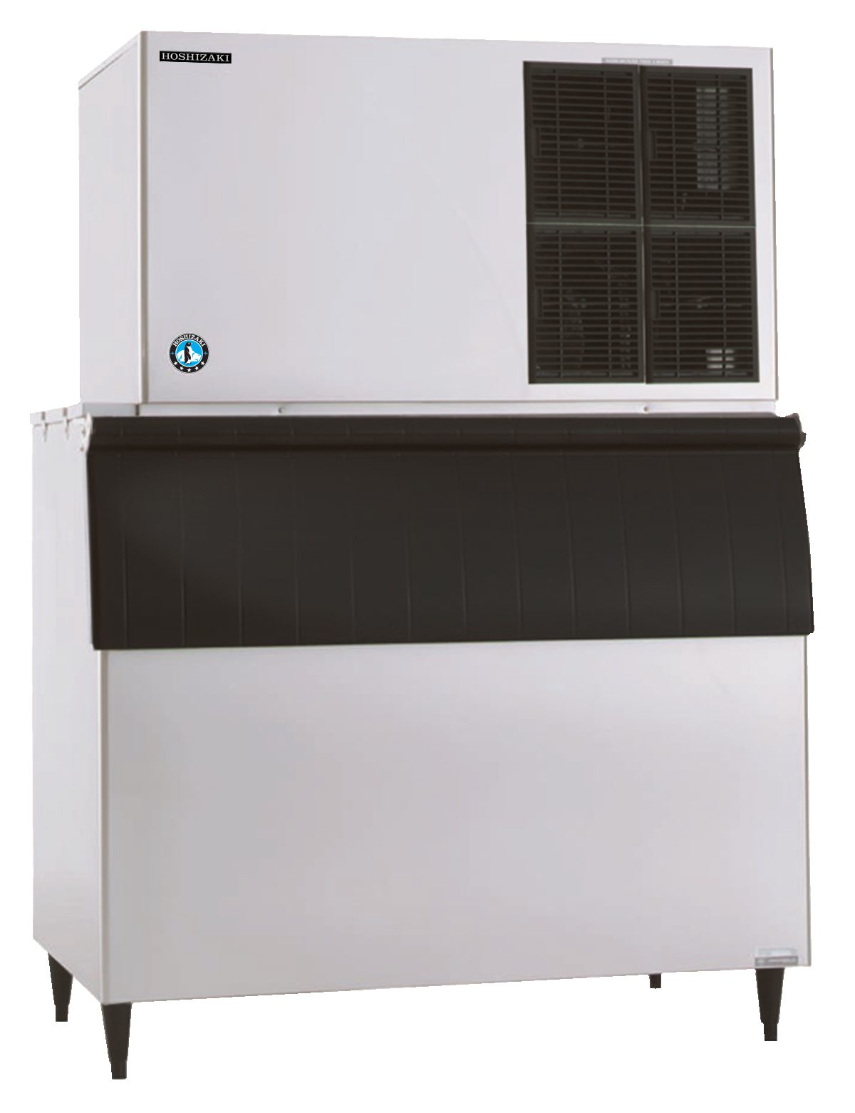 A large Hoshizaki commercial ice maker with a white metal body, black vented panel on the upper section, and a black front-loading ice storage bin below. It produces Crescent Cube ice and stands on four legs, with a certification sticker on the upper left.