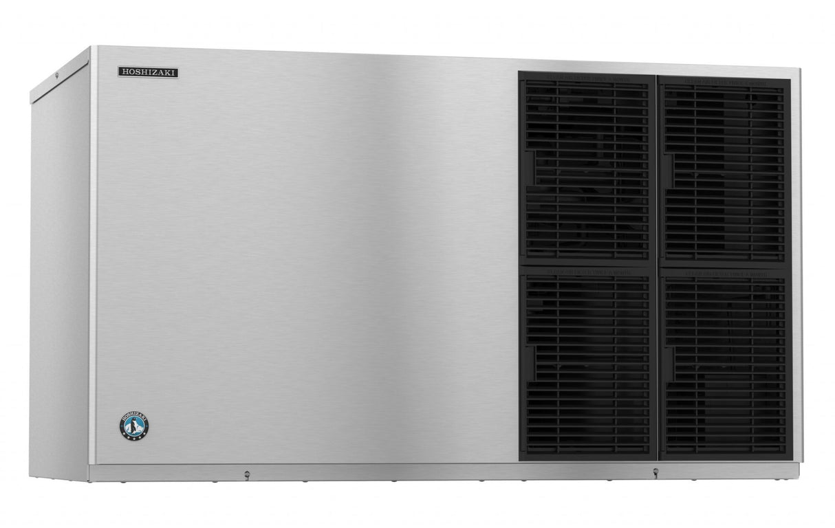A large, rectangular Hoshizaki commercial ice maker with a smooth stainless steel finish, featuring four black vented panels on the right and a small blue logo at the bottom left. It produces crescent cube ice for high-volume needs.