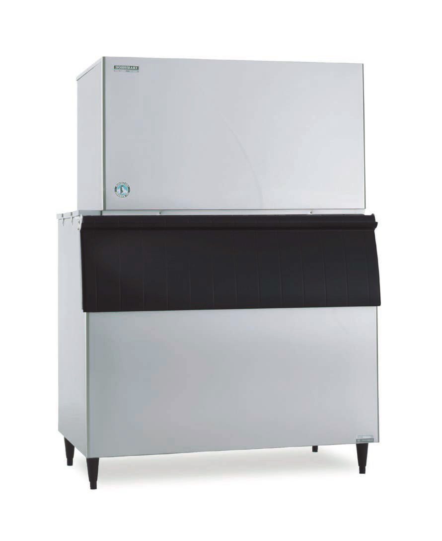 A stackable commercial ice maker with a silver body and large, rectangular shape. The top cube-style section makes ice, while the lower storage bin features a black, slanted front door. The unit stands on four sturdy black legs.
