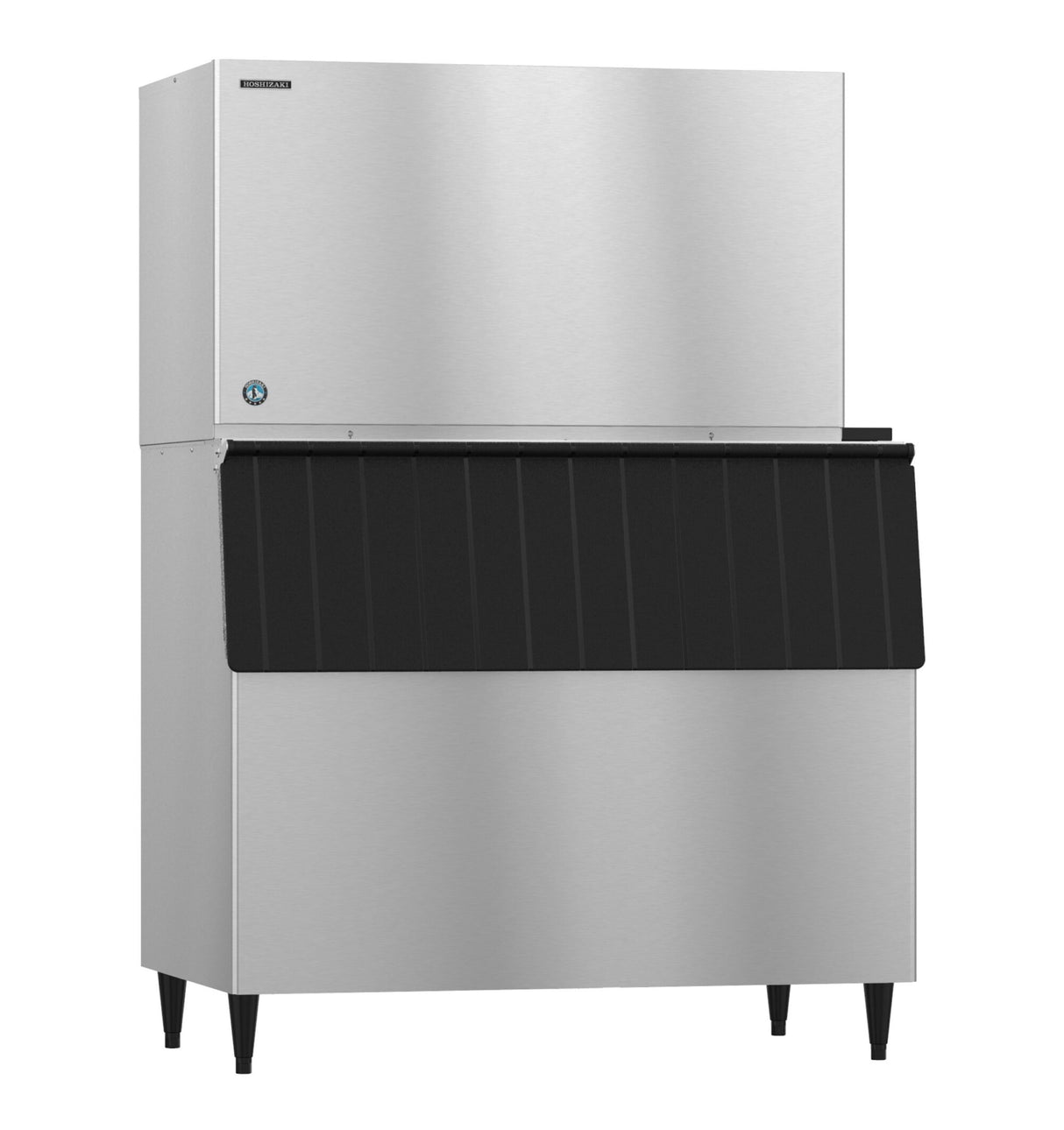 A commercial Hoshizaki stainless steel ice maker with a large black plastic front panel and four black legs, standing against a plain white background. The boxy, industrial design is ideal for restaurants and produces classic crescent cube ice.