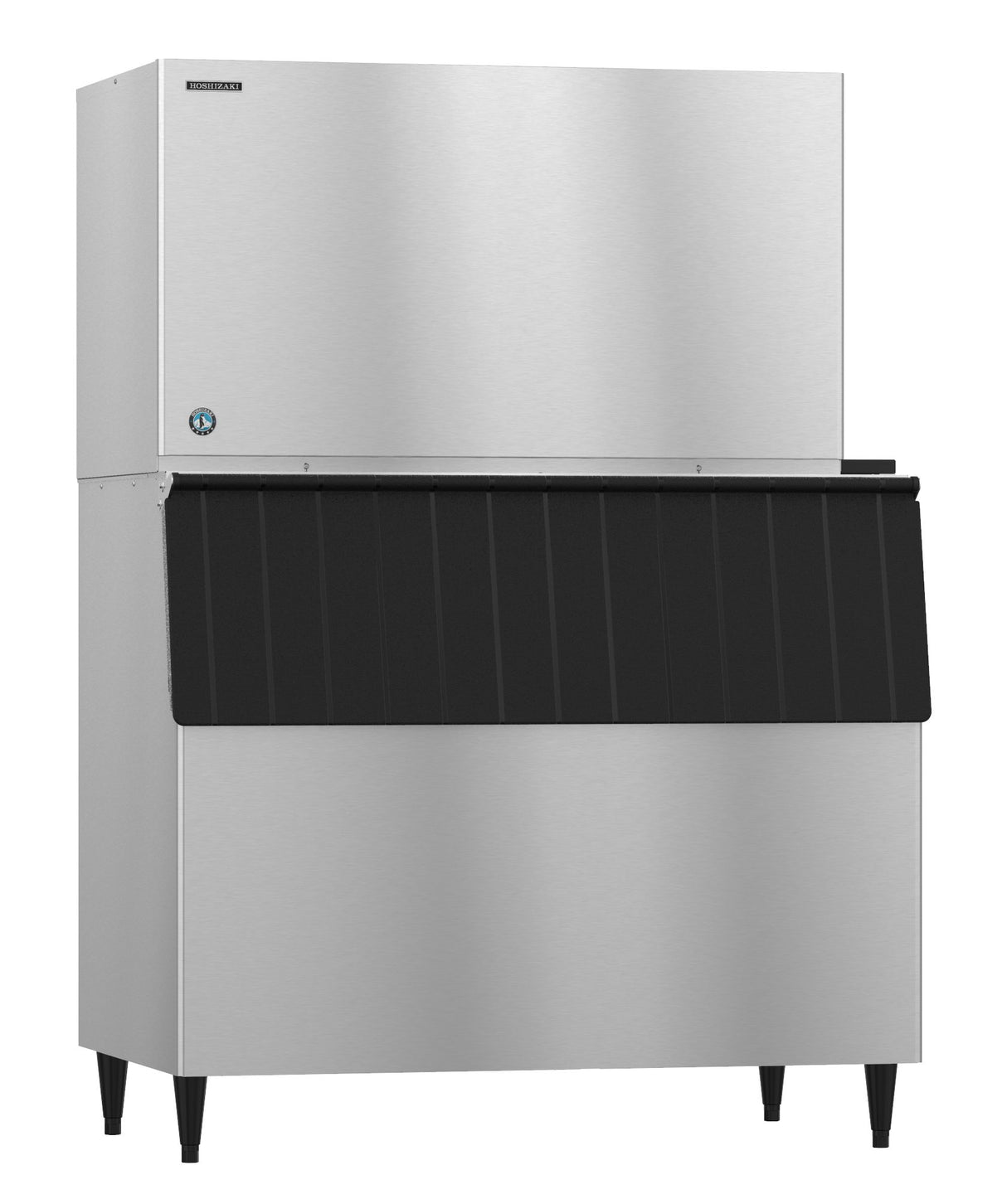 A Hoshizaki ice maker with a stainless steel body and four legs. The top rectangular section produces crescent cube ice, while the lower bin features a black, ridged front panel for easy storage and dispensing.