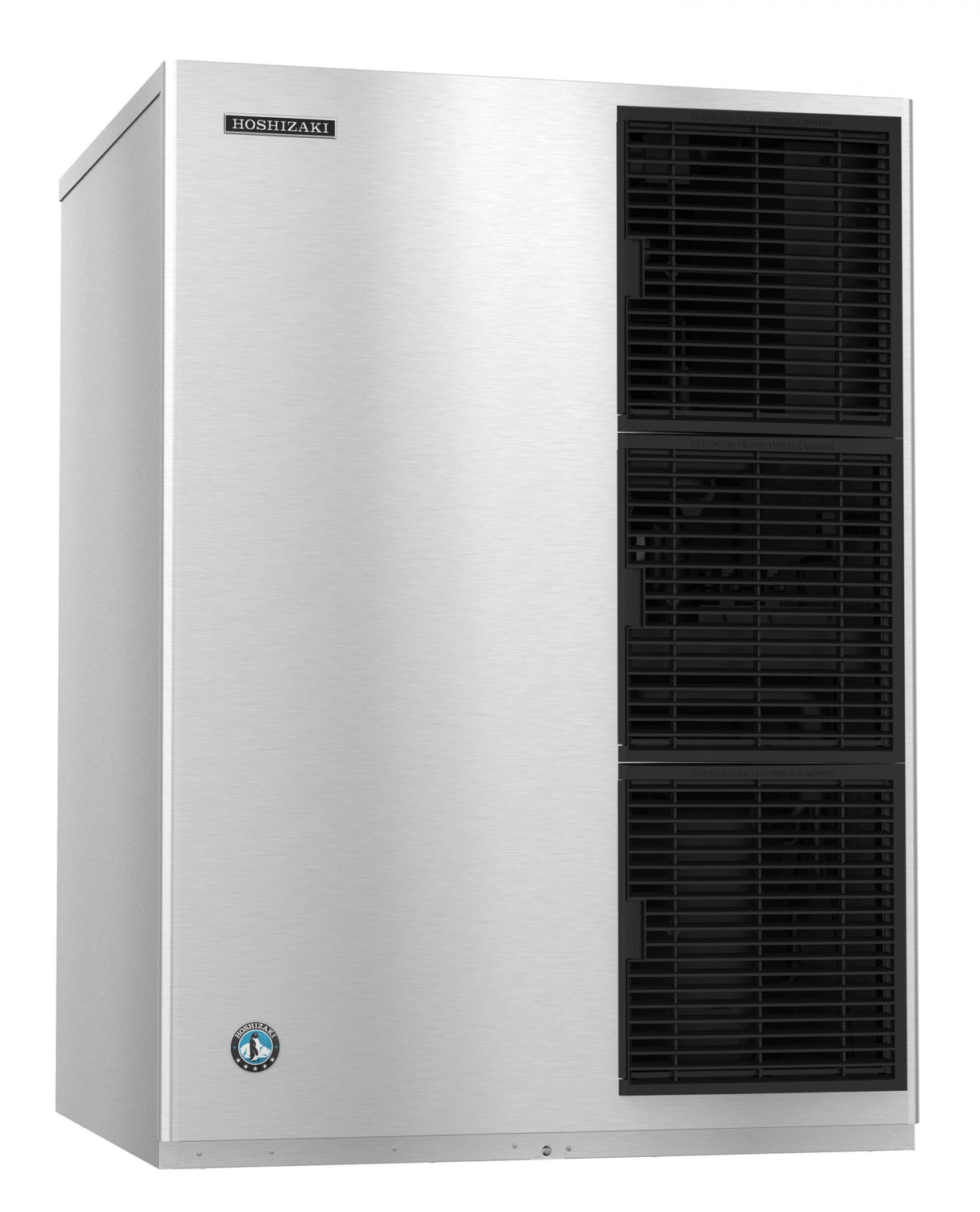 A large, stainless steel Hoshizaki ice maker with a rectangular shape. The left side is solid metal, while the right side features three stacked black vent grilles. The brand logo and label are on the upper left front panel. Produces crescent cube ice.