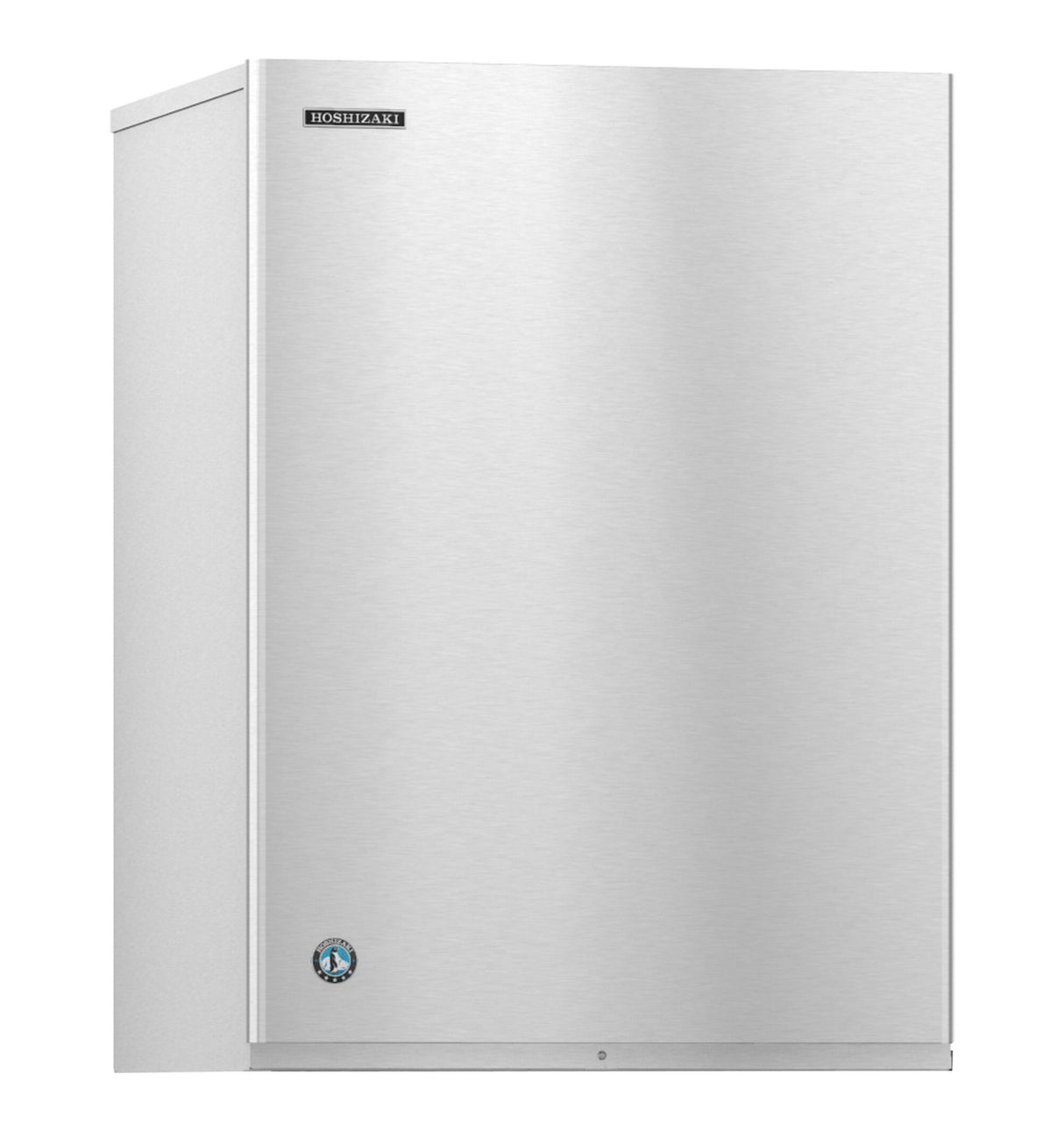 A stainless steel, rectangular Hoshizaki Cube-Style ice maker with a smooth, flat front panel, minimal detailing, and two small logos in the top left and bottom left corners. The design is modern and industrial.