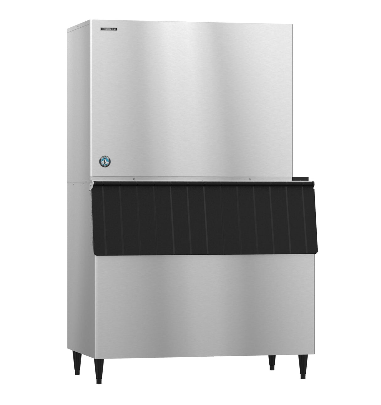 A large commercial ice maker with a stainless steel body and black plastic front panel. The air-cooled unit stands on four short legs, featuring a boxy shape designed for producing and storing crescent cube ice in high-volume settings.