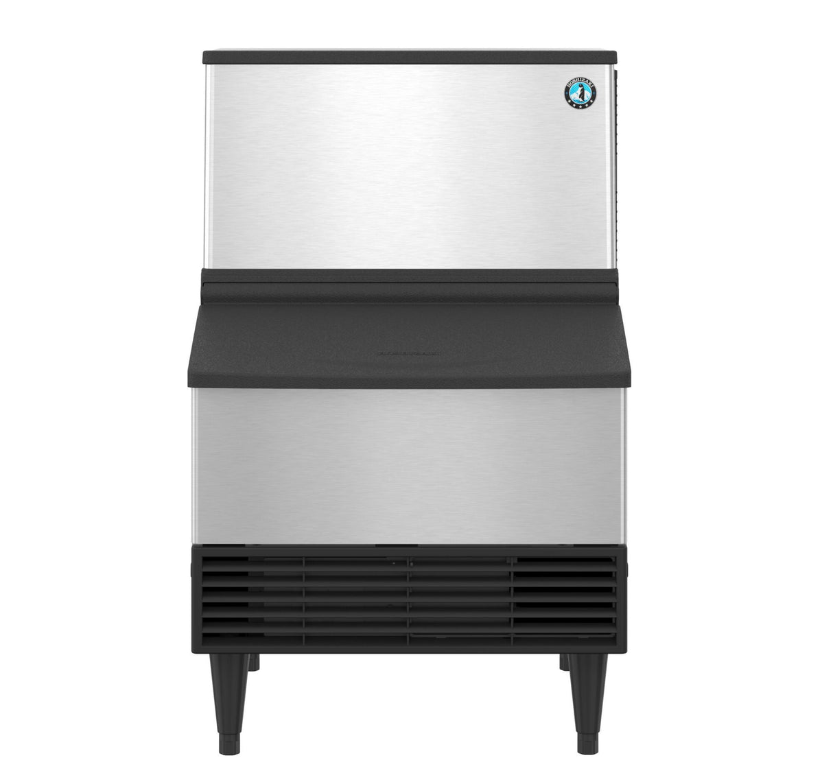 A commercial Hoshizaki stainless steel ice maker with a black louvered vent at the bottom, black slanted front panel, and short black legs. The unit features a blue and white circular logo in the upper right corner and produces cube-style ice.