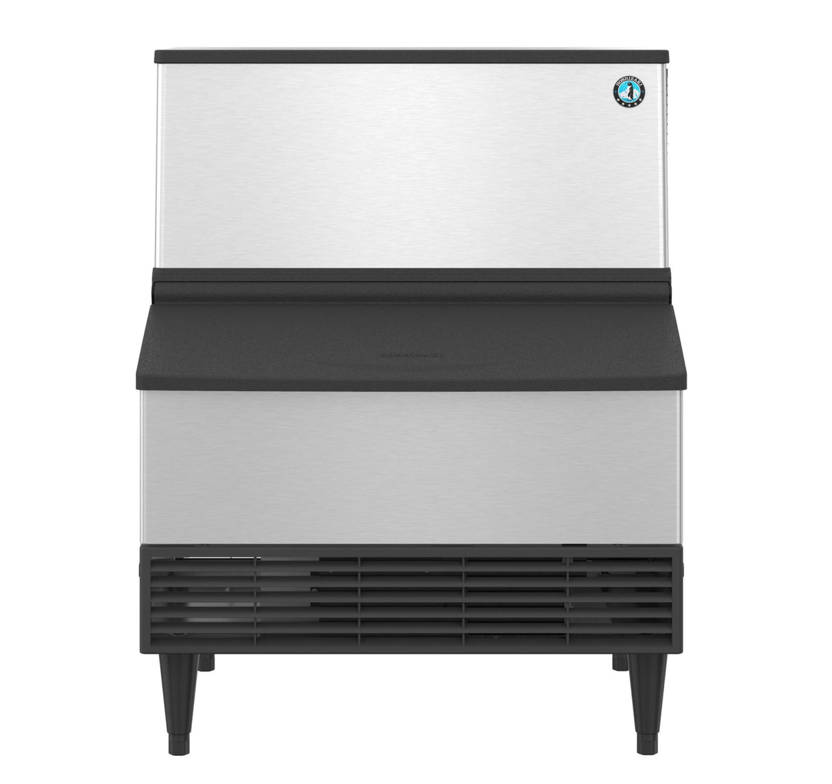 A commercial stainless steel ice maker with a sleek rectangular design, the Hoshizaki KM-301BAJ produces crescent style cubes. The top half is silver with a small round logo, while the bottom features a black dispenser, vent, and four short legs.