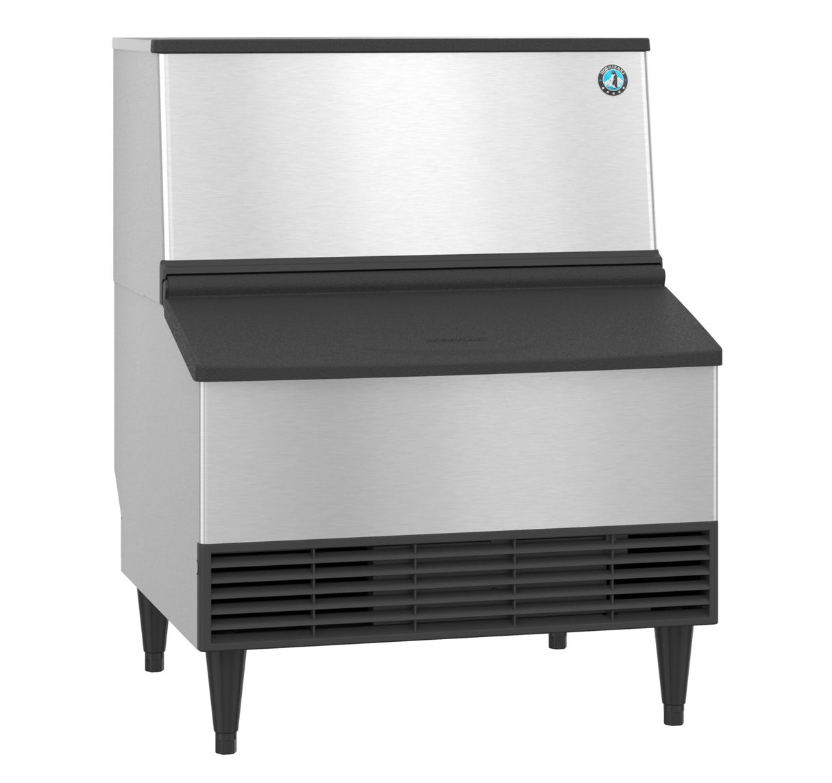 A commercial stainless steel ice maker with black legs and vented front panel. The machine features a sloped black top, a blue logo on the upper right, and produces crescent style cubes—ideal for restaurants or cafeterias. ADA compliant design.
