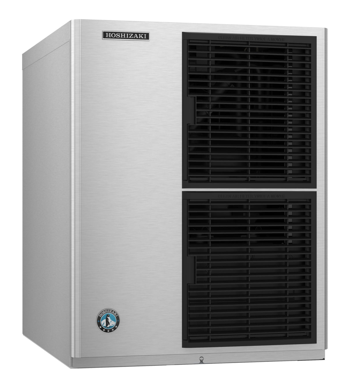 A stainless steel Hoshizaki commercial ice maker with a rectangular shape, two large black vented panels on the front, and brand logos visible. This air-cooled machine features a sleek, industrial design perfect for producing crescent cube ice.
