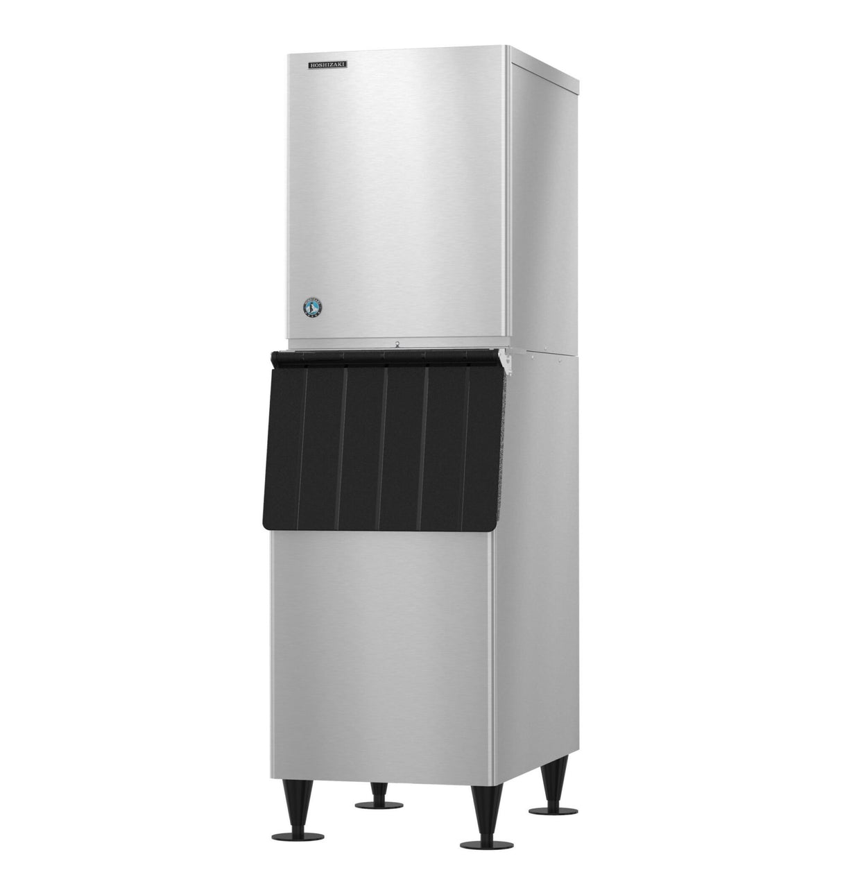 A tall, silver commercial ice maker with a rectangular shape, black dispensing area, four short legs, and a smooth stainless steel finish. The upper section has a solid door, while the lower panel provides easy access to fresh crescent cube ice.