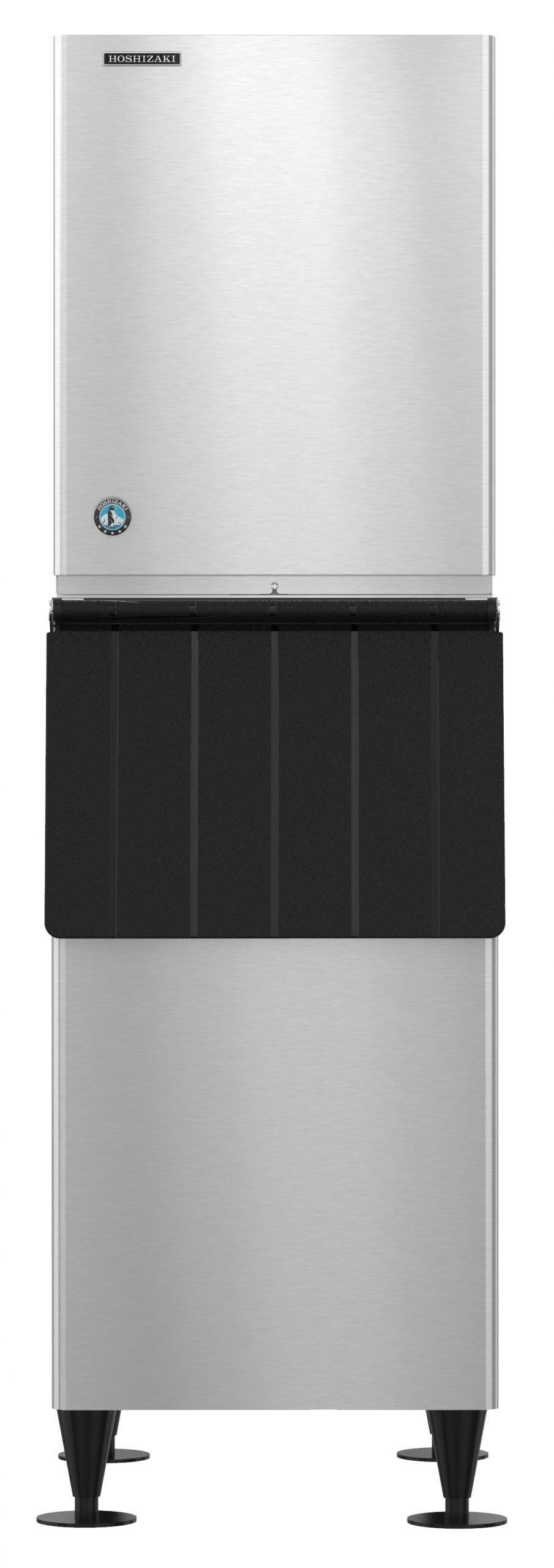 A Hoshizaki commercial stainless steel ice maker featuring a rectangular top unit and a larger cube-style bottom bin. The lower section includes a black panel for easy ice retrieval. Sturdy black legs support the brushed metal finish.