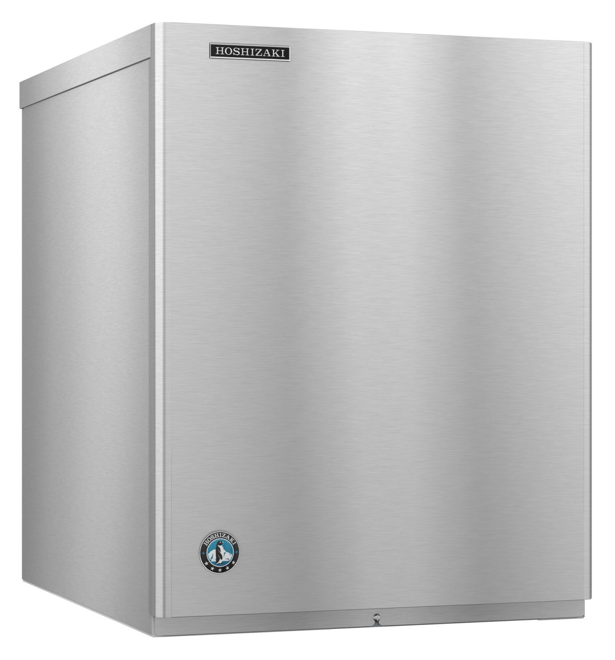 A commercial Hoshizaki Cube-Style ice maker with a plain front, boxy shape, and smooth surface. The Hoshizaki brand label sits on the top right, with a small round certification sticker near the bottom left corner. The unit rests on a flat surface.