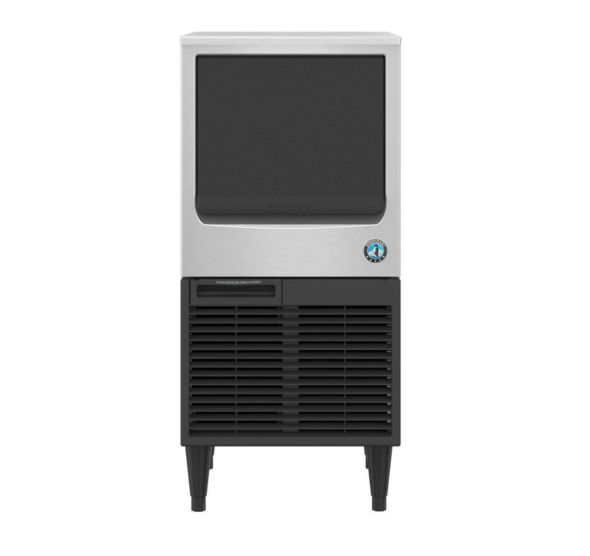 A commercial ice maker with a stainless steel top and black front panel. The bottom section has horizontal vents, and the unit stands on four black legs. Produces crescent style cubes. There is a round blue and white sticker on the upper right corner.