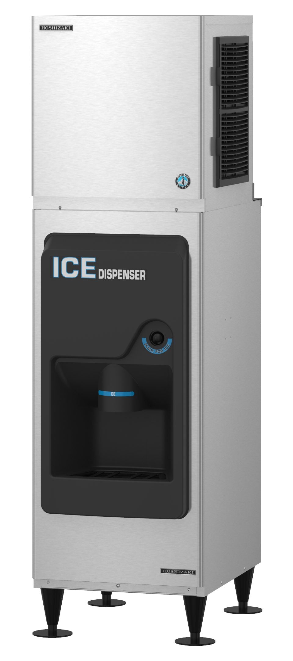 A commercial Hoshizaki stainless steel ice dispenser stands on four short legs. The black front panel displays ICE DISPENSER in white and blue. The recessed dispensing area features a blue-lit sensor for filling cups with cube-style ice.