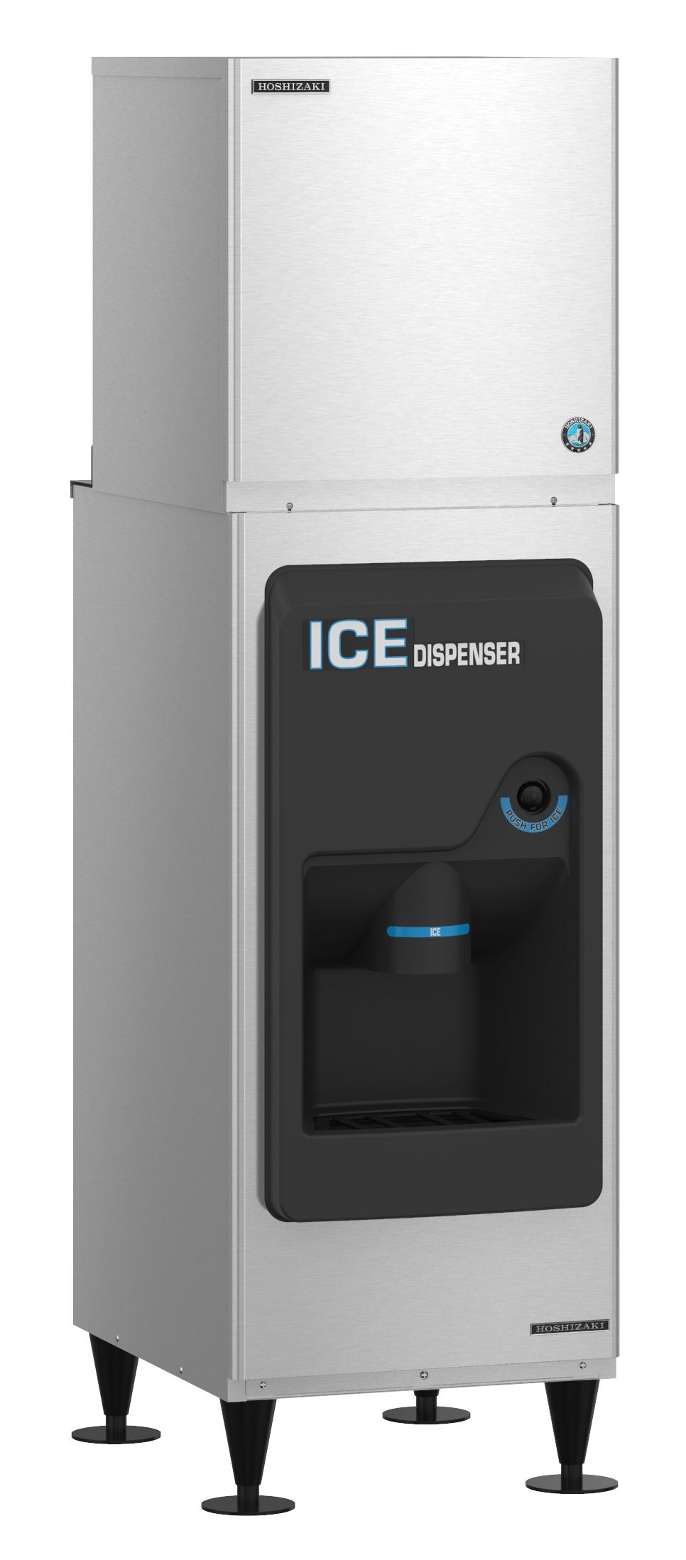A commercial stainless steel ice dispenser with a black front panel labeled ICE DISPENSER in bold white and blue letters. This Cube-Style Ice Maker stands on four black legs and features a downward-facing ice chute above a drip tray.