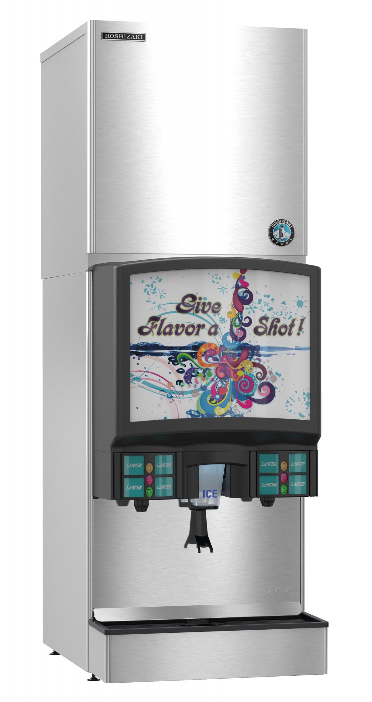 A stainless steel Hoshizaki soda fountain machine features a colorful display screen with “Give Flavor a Shot!” Bright swirls and splashes surround the text. Below are drink selection buttons, an ice maker dispenser, and a convenient cup rest.