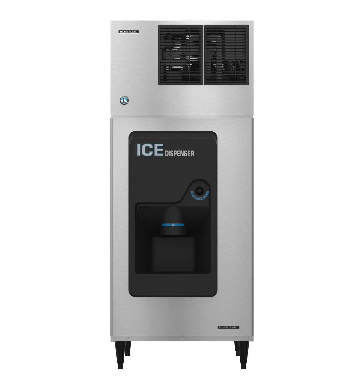 A stainless steel Hoshizaki commercial ice dispenser stands upright with a black front panel labeled “ICE DISPENSER.” Vents and controls are at the top, and a dispensing area for crescent cube ice is below. The dispenser rests on four short legs.