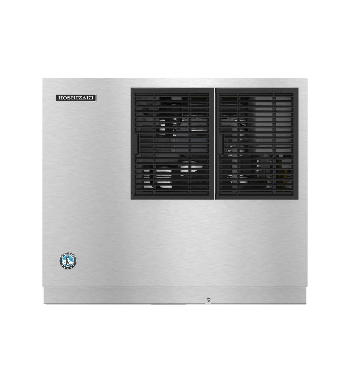 A stainless steel Hoshizaki Cube-Style Ice Maker with a rectangular shape. The left side displays the Hoshizaki logo above a blue certification emblem, while the right half features two black vent grilles revealing internal components. Background is plain white.