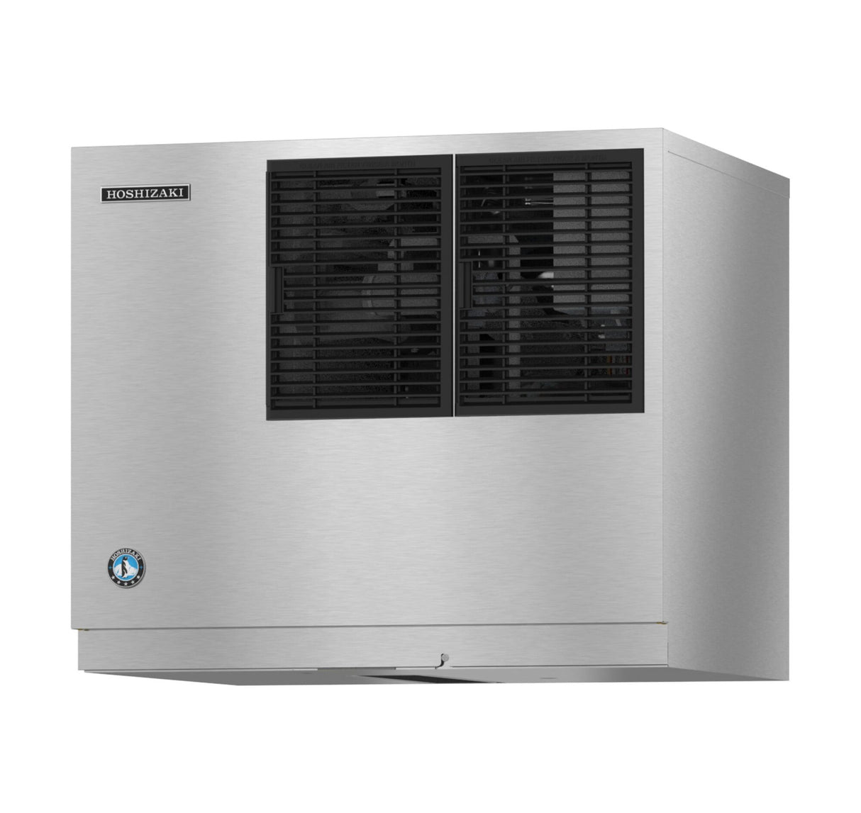 A stainless steel Hoshizaki ice maker with a rectangular shape features black ventilation grilles on the front and a small blue circular logo on the lower left. The brushed metal surface highlights its durable, cube-style design against a white background.