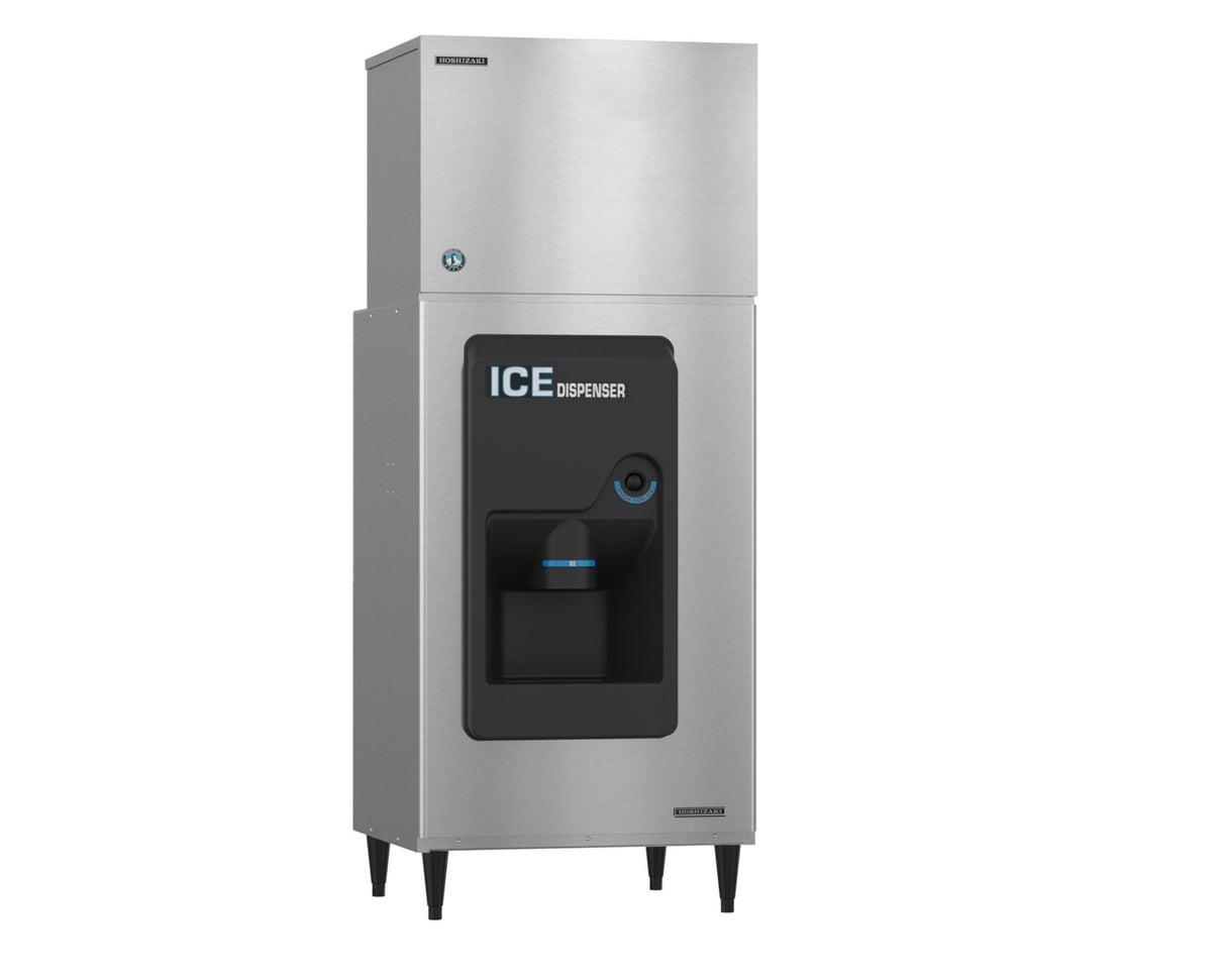 A commercial ice dispenser with a tall, rectangular stainless steel body features a black dispensing area labeled “ICE DISPENSER” and a blue button. This sleek, industrial machine includes an Ice Maker in the top compartment for efficient ice storage.