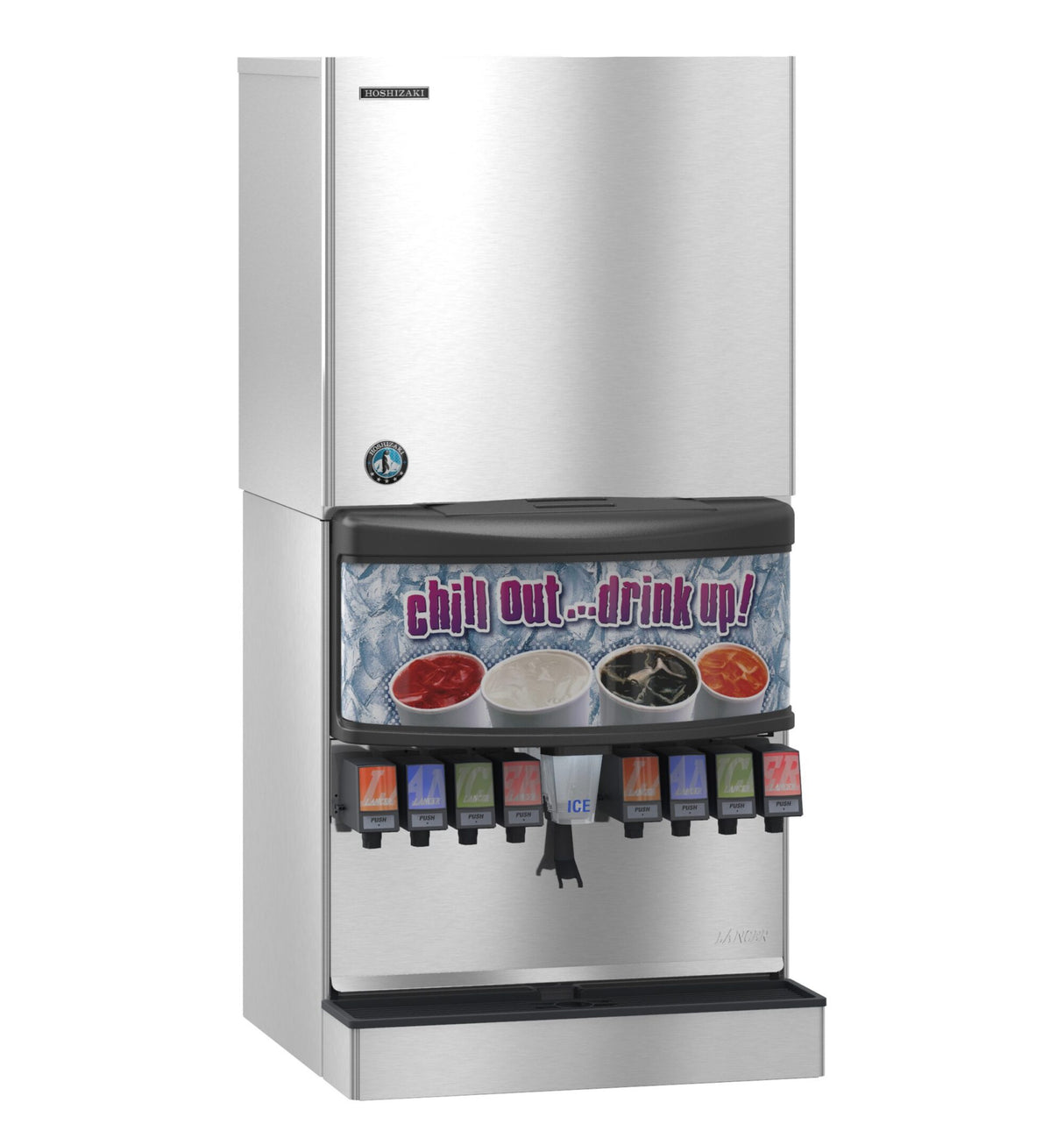 A stainless steel soda fountain machine with an ice dispenser featuring a Crescent Cube ice maker shows eight drink options with colored labels. The sign above reads chill out...drink up! against a background of ice cubes and soda cups.