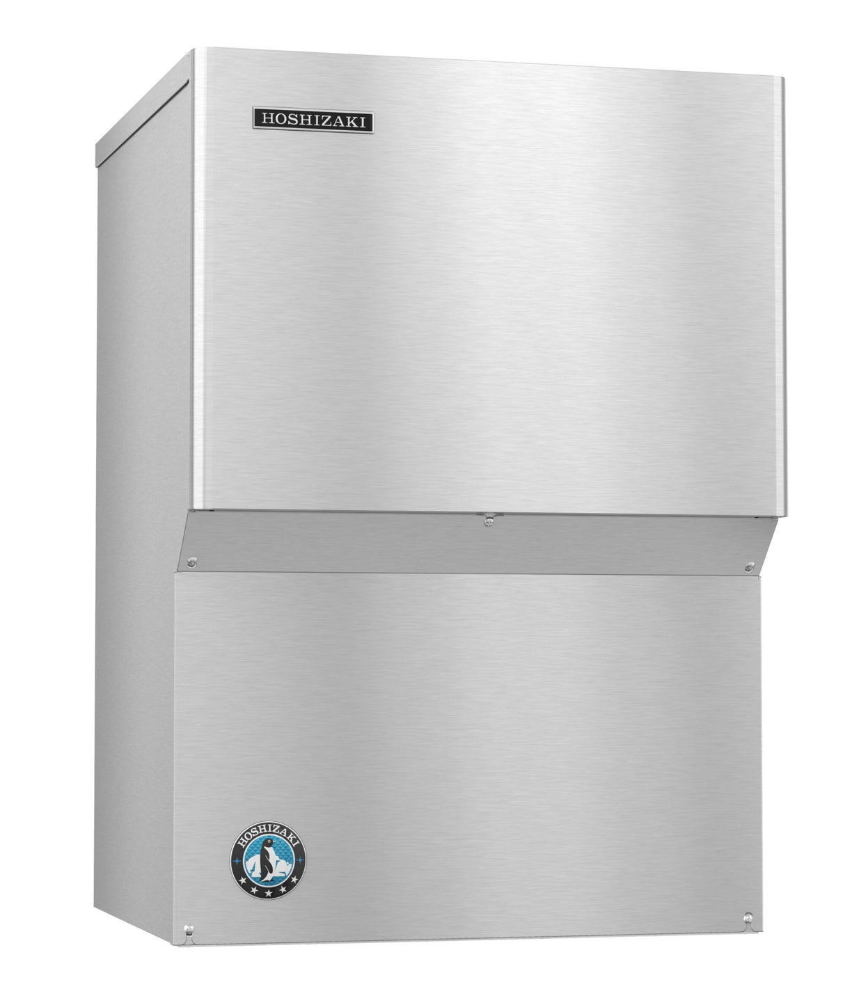 A stainless steel Serenity Ice Maker with a boxy design, featuring the Hoshizaki logo on the top front and a blue circular emblem with a penguin at the bottom left. It produces crescent cube ice and has a sleek brushed metal finish.