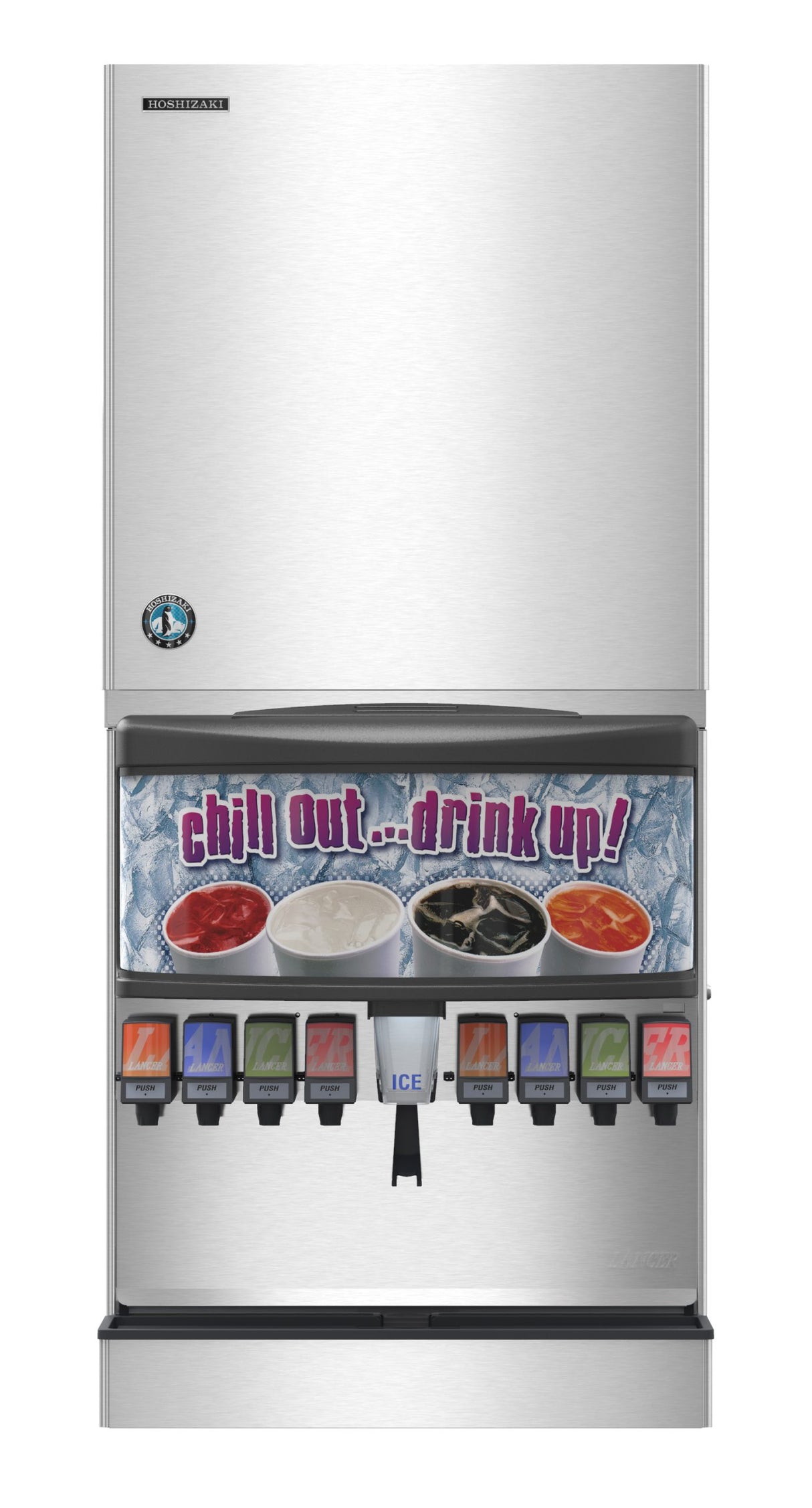 A silver Serenity Ice Maker soda fountain machine with a large air-cooled ice dispenser and nine drink options. The panel displays images of drinks with “chill out...drink up!” on an ice background. Each button features a colored logo.