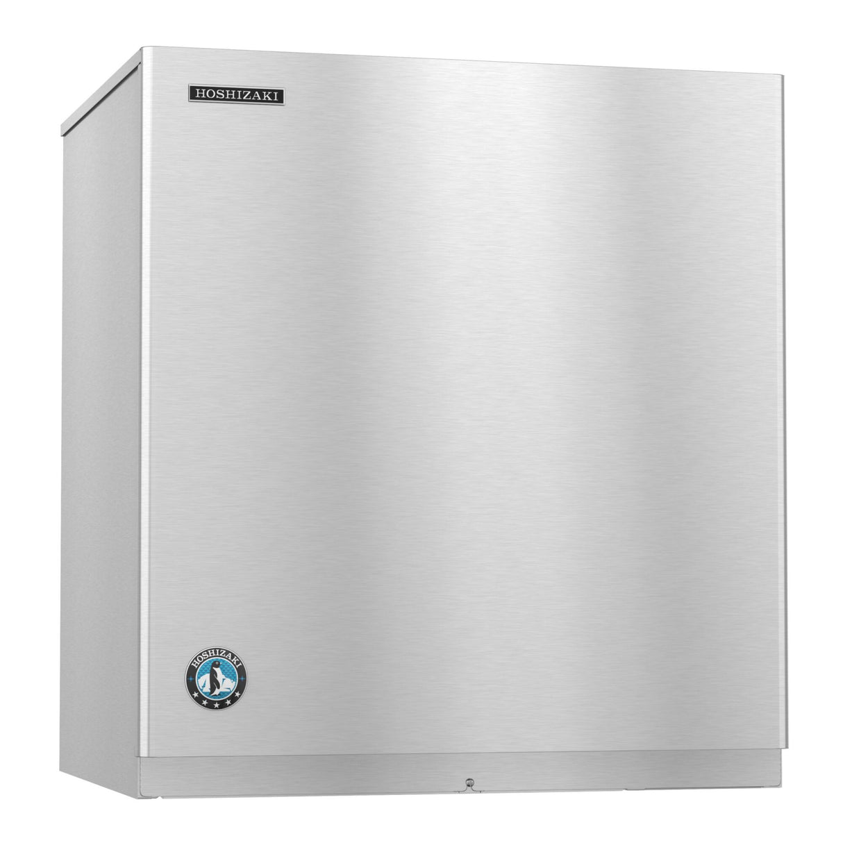A stainless steel Hoshizaki Serenity Ice Maker with a rectangular, boxy shape. The air-cooled machine features the brand name on the upper left and a blue circular logo near the bottom. Its smooth, clean surface is highly reflective.