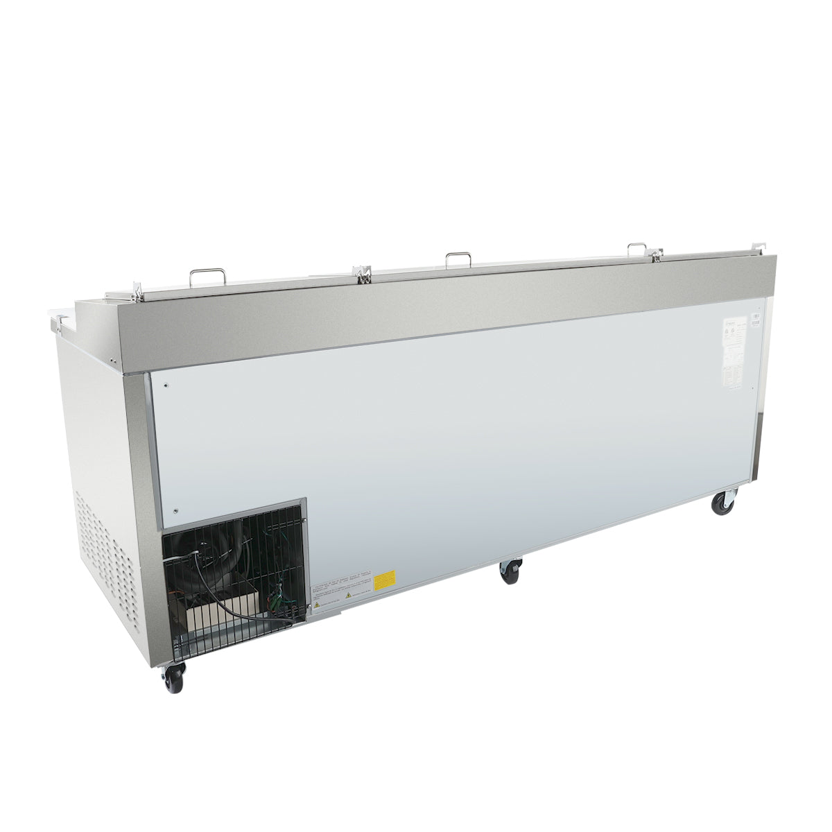 A large, rectangular commercial freezer with a flat white exterior, stainless steel trim, and caster wheels. The front features a black vent with visible internal components and handles on top for opening. The surface is clean and reflective.