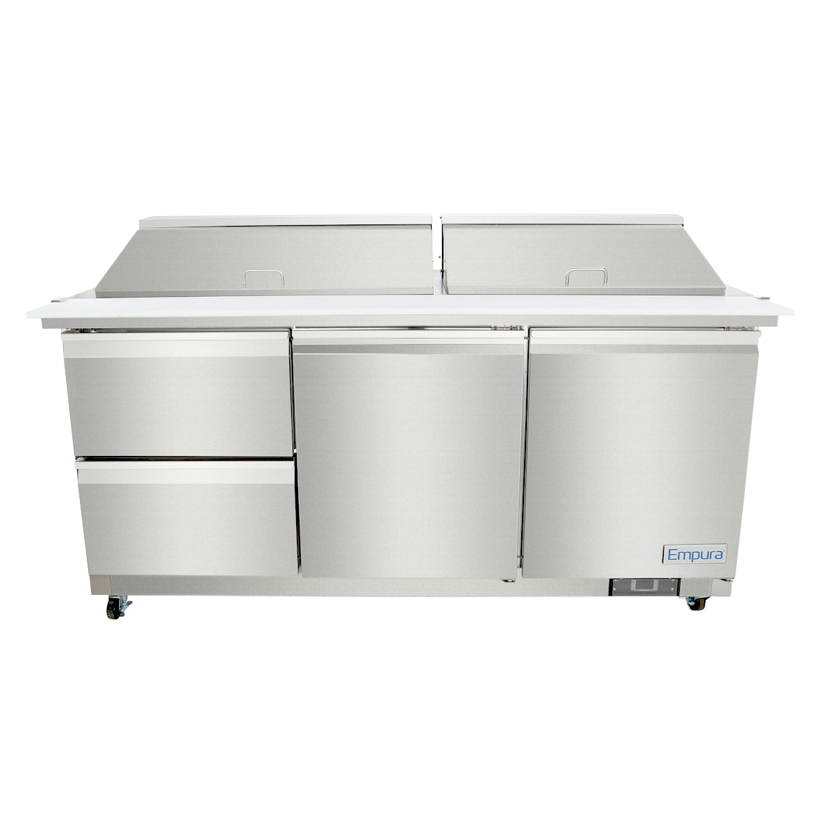 A stainless steel Empura refrigeration unit featuring two top compartments and three lower sections, including two drawers and a door. This mega top prep table is on wheels for mobility, with the Empura brand name on the lower right corner.