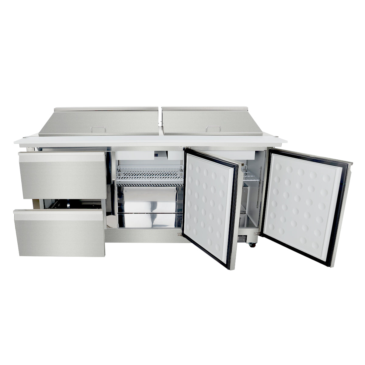 A commercial stainless steel mega top prep table with two drawers on the left and two open doors on the right, revealing insulated storage compartments. The top has dual lids, ideal for easy access to ingredients or food prep bins.