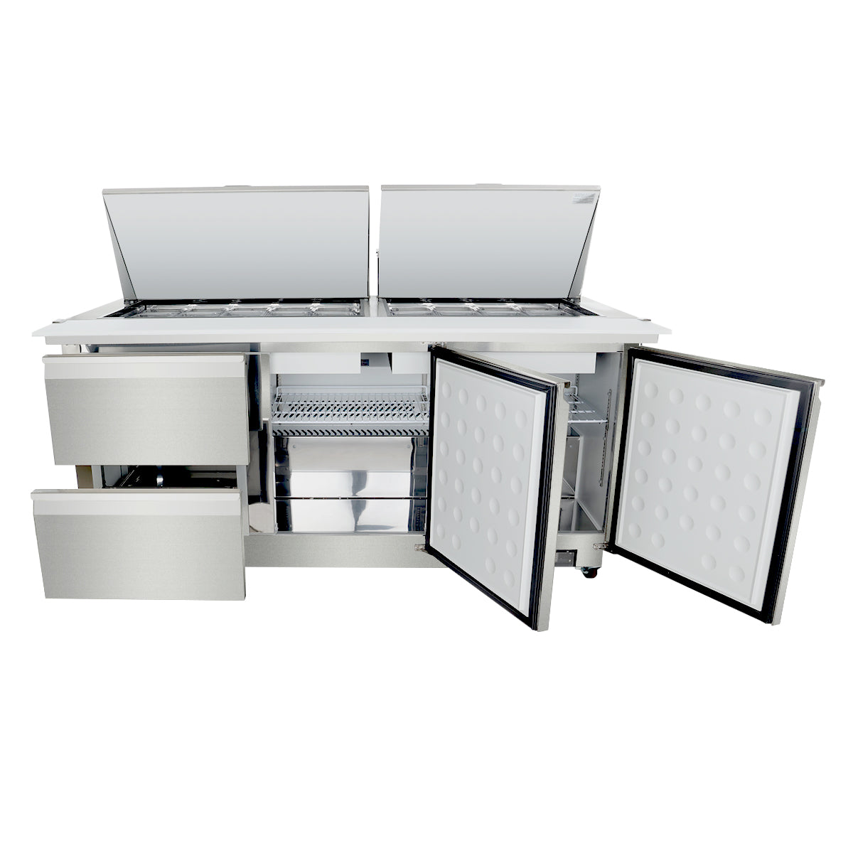 A commercial stainless steel Empura refrigeration mega top prep table with two top lids open, two side drawers pulled out, and two front doors open showcasing spacious cold storage compartments and shelves, designed for kitchen or food service use.