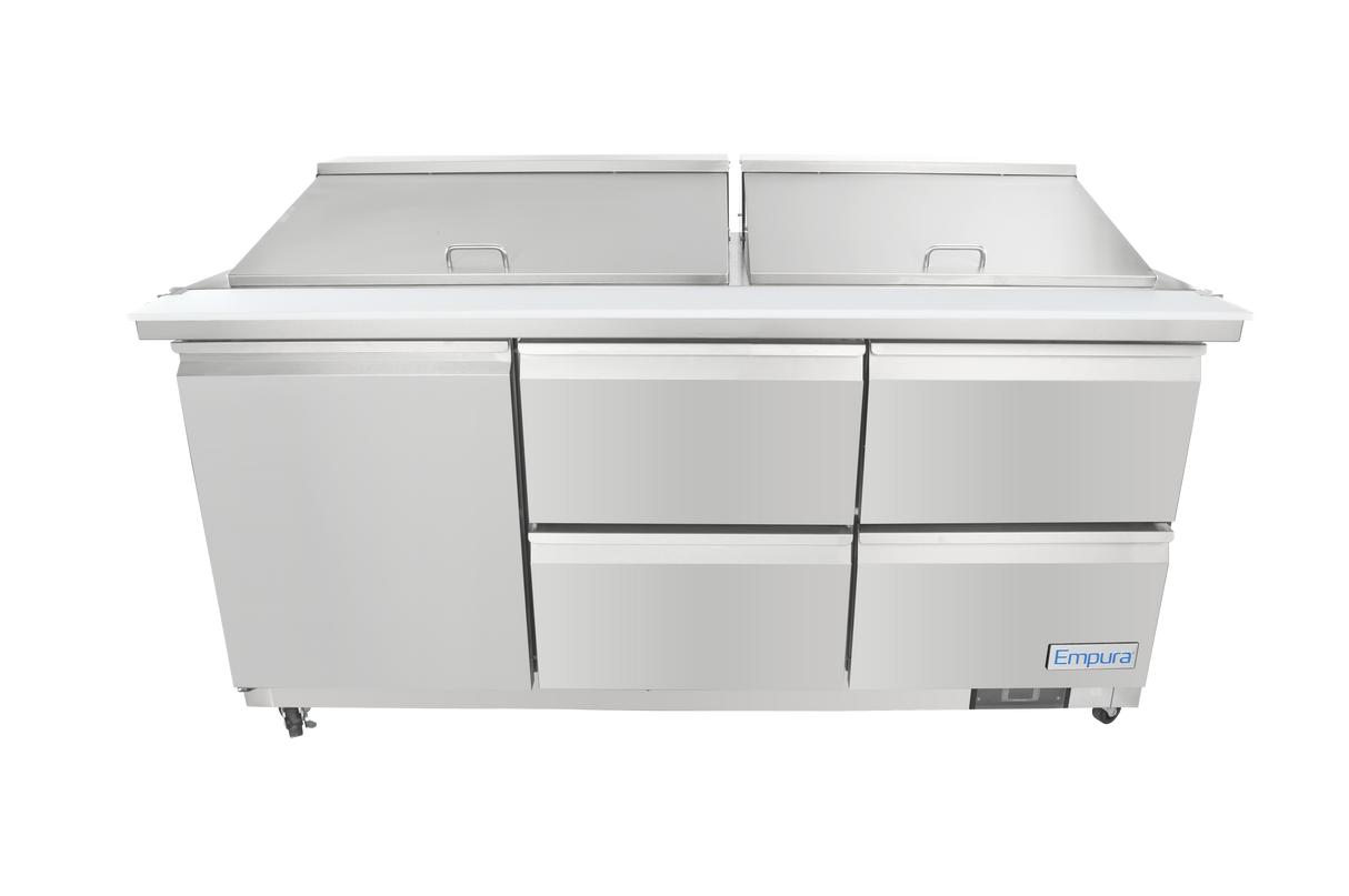 A stainless steel Empura refrigerated sandwich prep table with two top lids, four doors below, and the Empura logo on the bottom right; it features wheels for mobility and a clean industrial design, set against a plain white background.